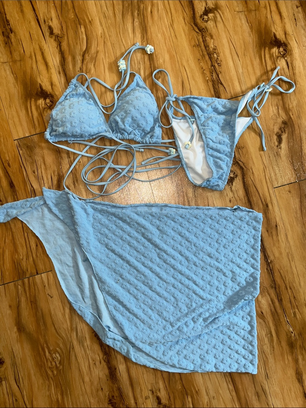 SHEIN Light Blue Textured Tie Bikini Set with Sarong Cover-Up